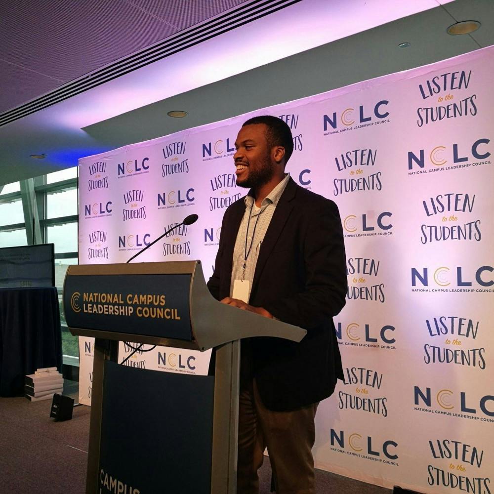 Elon Student Body President Kenneth Brown Jr. speaking at the National Campus Leadership Council in Washington, D.C. Photo Curtesy of Brown's Facebook page. 