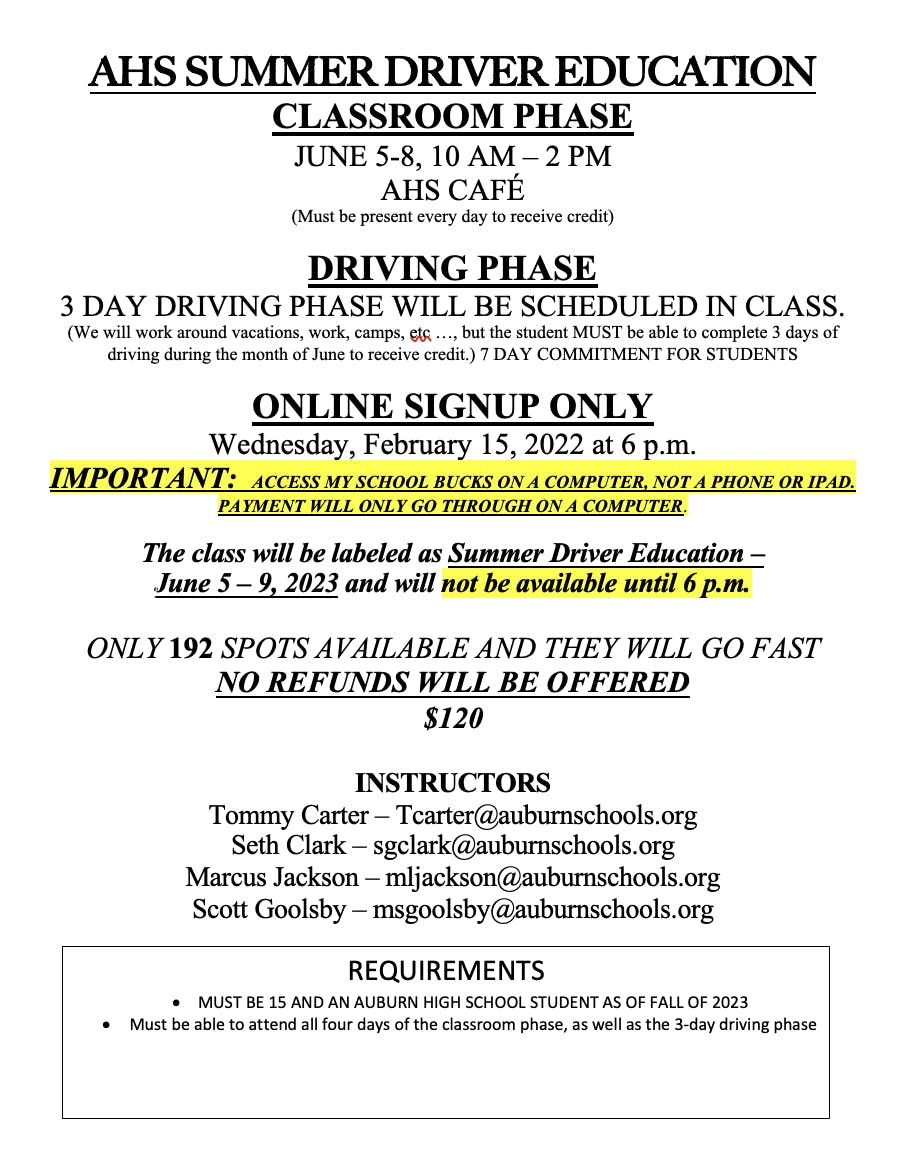 AHS Summer Drivers Ed Information Hi Def