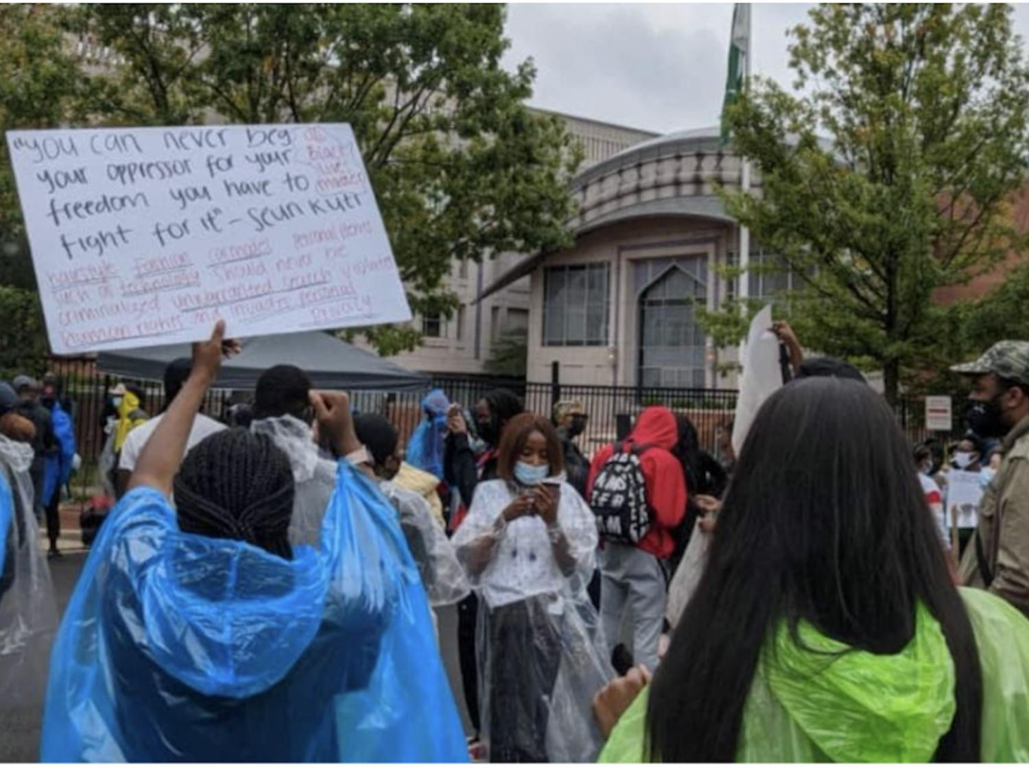 WUSA9 Protesters gathered in from on the Nigerian EMbassy to #EndSars on the first day of protests, October 11th. 