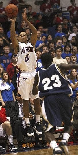 Senior guard Garrison Carr (top) rises up for a jumper while fellow guard Derrick Mercer (bottom) crosses up a Navy opponent during last nights game to clinch the Patriot League regular season title.