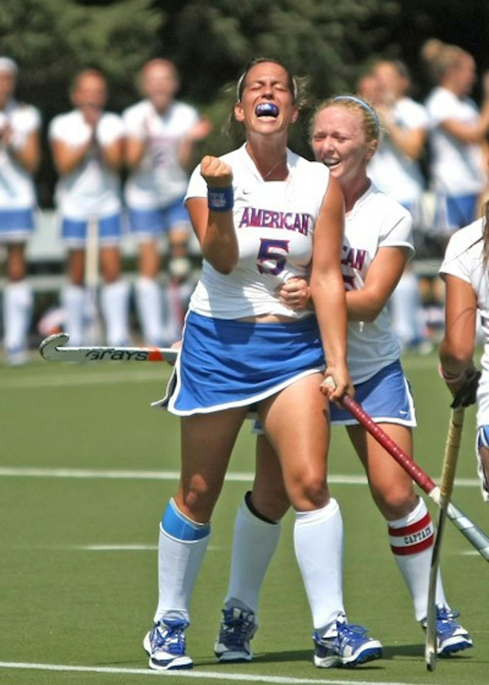 Sophomore defender Gina Hofmann celebrates a goal in their Aug. 27 win against University of Richmond. The Eagles won that game 5-1. On Sunday, the Eagles dropped their first game of the season to Old Dominion University with a 2-1 loss.