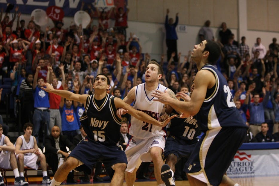 LOOKING UP - Nick Hendra watches the ball as it is in the air during AU\'s game against Navy last night. The Eagles won 62-60 and will advance to the next round of the Patriot League Tournament and face Lehigh on Sunday.