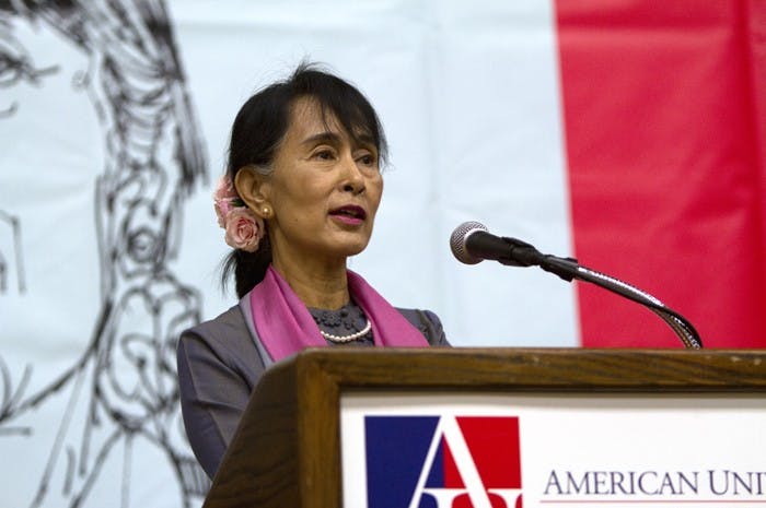 Myanmar political leader Aung San Suu Kyi gave a speech mostly in the Myanmar language in Bender Arena on Sept. 20. 
