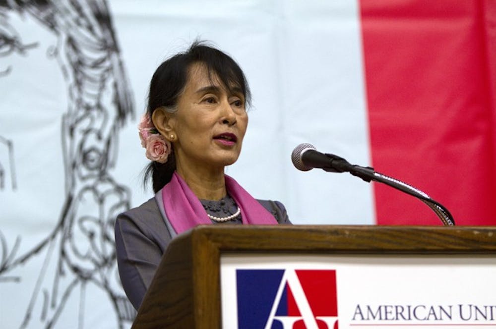Myanmar political leader Aung San Suu Kyi gave a speech mostly in the Myanmar language in Bender Arena on Sept. 20. 