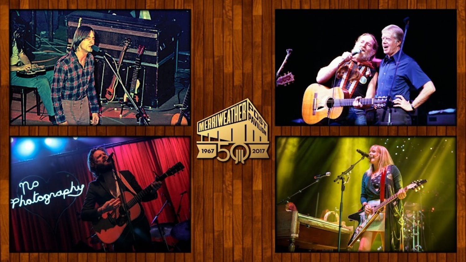 Pictured: Jackson Browne recording “Running On Empty” at Merriweather in 1977, Willie Nelson with President Jimmy Carter on stage at Merriweather in 1980, Father John Misty opening for The Decemberists at Merriweather in 2015, and Grace Potter performing at the Merryland Festival at Merriweather in 2016. Photos courtesy of Merriweather Post Pavilion, Dave Barnhouser 13th Hour Photography and Richie Downs. Grace Potter’s Photo by Richie Downs, and Father John Misty’s Photo by Dave Barnhouser 13th Hour Photography.