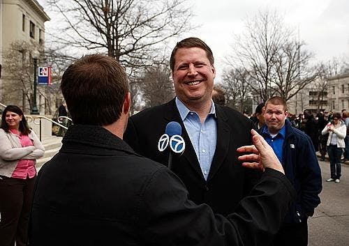 AU men's basketball head coach Jeff Jones gets interviewed by WJLA