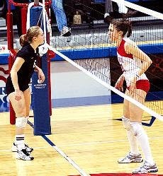 Senior Elizabeth Maloney stares down her opponent in Saturday's game against Bucknell.