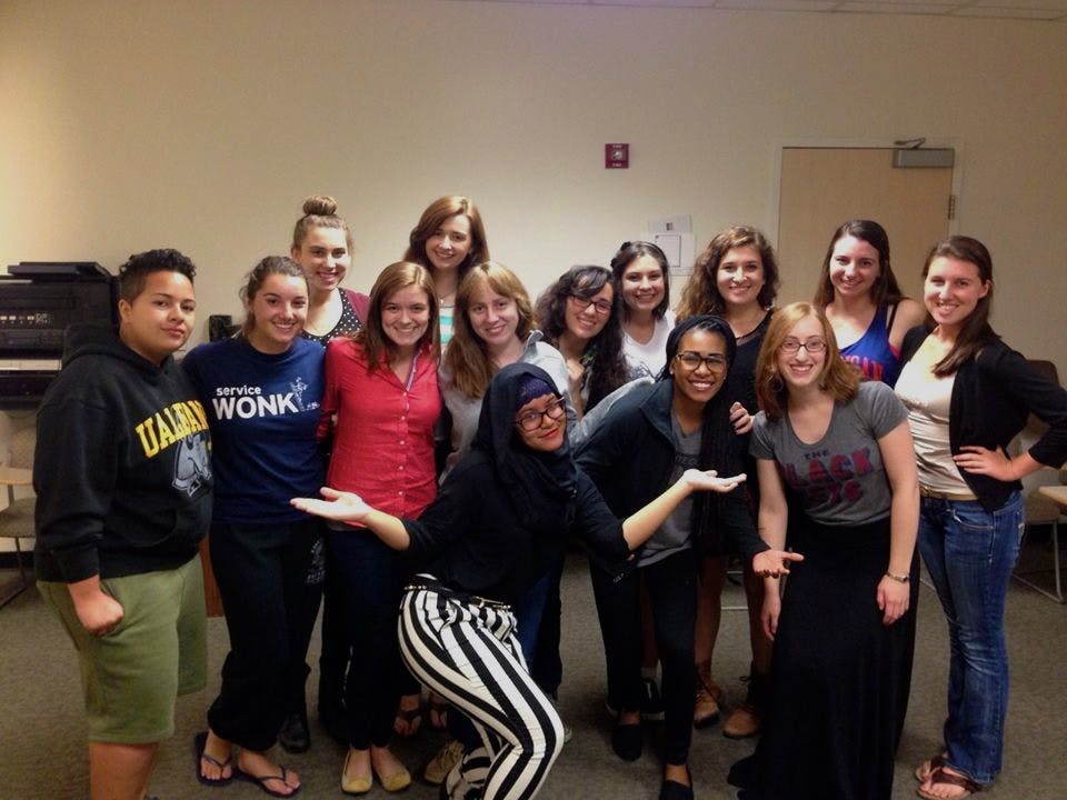 	The new AU a capella group Pitches Be Trippin’ pose for a photo.