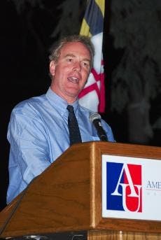 BUSH BASHING - Rep. Chris Van Hollen, D-Md., speaks during Artemas Ward Week, which ends with a fair on the Main Quad Friday. The Kennedy Political Union and the College Democrats brought Van Hollen to campus.
