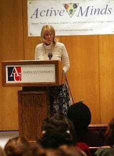 Ross Szabo, left, recounts dealing with bipolar disorder in college. Dr. Kay Redfield Jamison, right, discusses her book and going public about her bipolar disorder Friday.