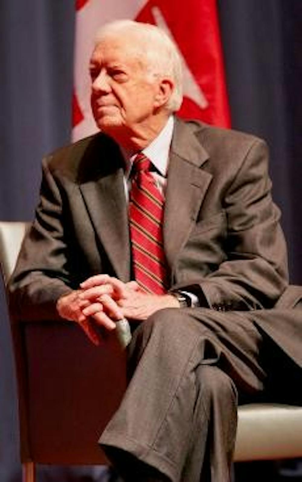 DARFUR DISCUSSION - Jimmy Carter speaks to students and community members in the Abramson Family Recital Hall in Katzen Art Center Wednesday. Although tickets were gone within minuets after the event was announced, there was still a handful of empty seats