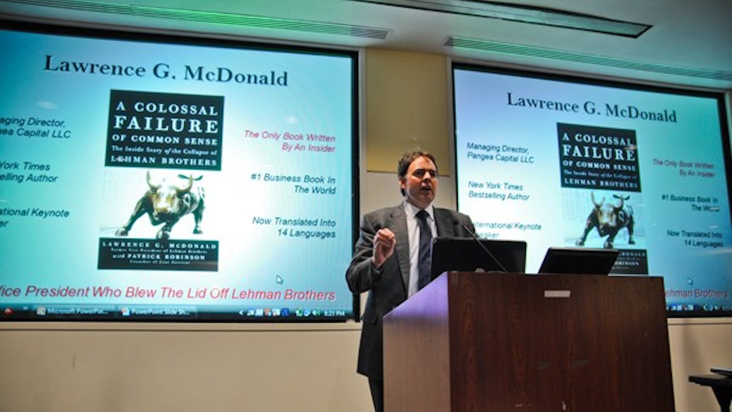 BROTHERS GRIM â€” Larry McDonald, who worked for the ill-fated Lehman Brothers investment bank, speaks at a KPU event about the companyâ€™s bankruptcy filing in September 2008. McDonald blamed the Board of Directors for the companyâ€™s inability to withstand the economic crisis and their subsequent downfall.