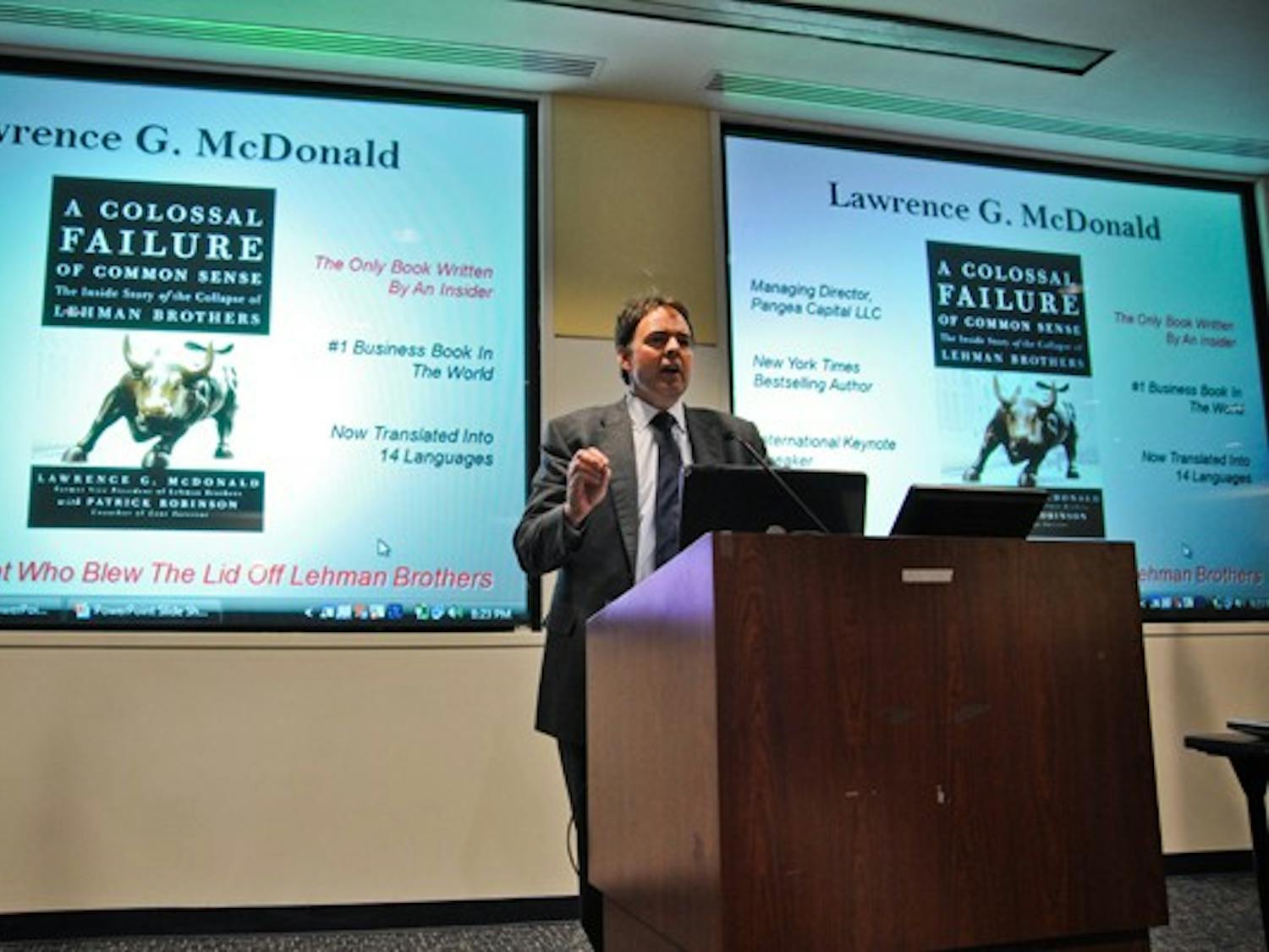 BROTHERS GRIM — Larry McDonald, who worked for the ill-fated Lehman Brothers investment bank, speaks at a KPU event about the company’s bankruptcy filing in September 2008. McDonald blamed the Board of Directors for the company’s inability to withstand the economic crisis and their subsequent downfall.