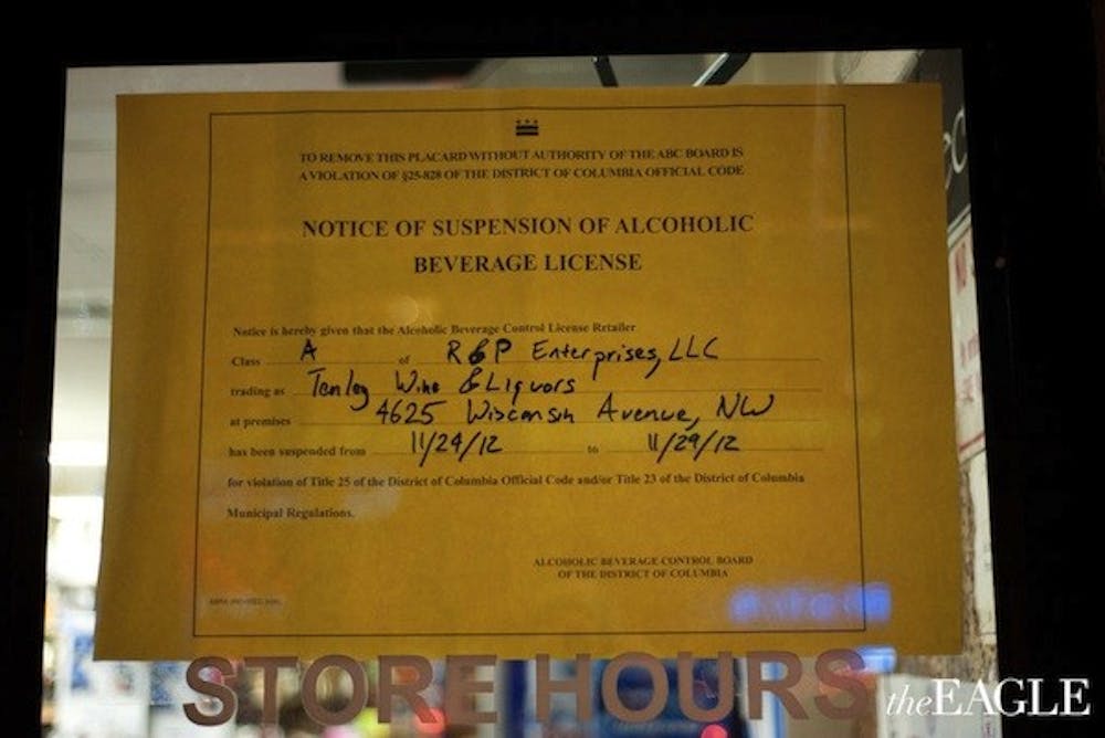 Tenley Wine and Liquor\'s liquor license was suspended from Nov. 25 to Nov. 29.