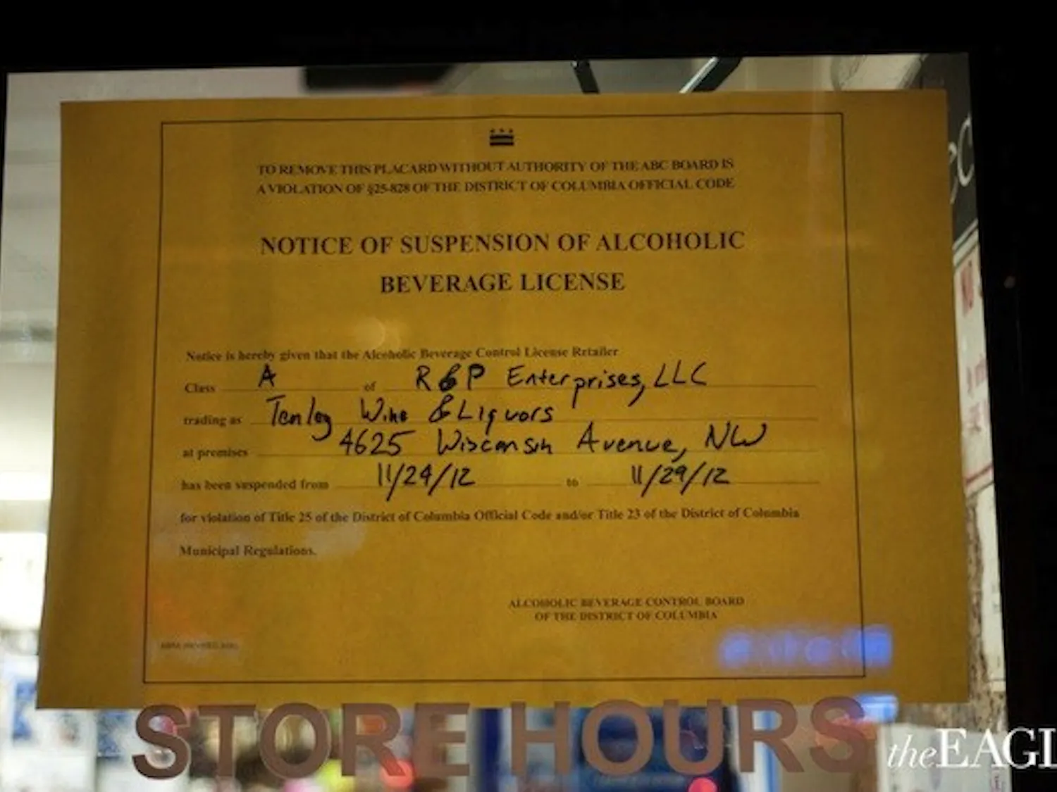 Tenley Wine and Liquor\'s liquor license was suspended from Nov. 25 to Nov. 29.