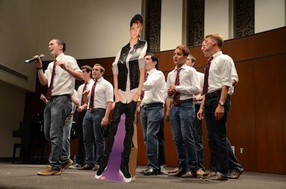 A Justin Bieber cutout guest-starred in On A Sensual Noteâ€™s performance in Kay. OASN is AUâ€™s all-male a cappella ensemble.