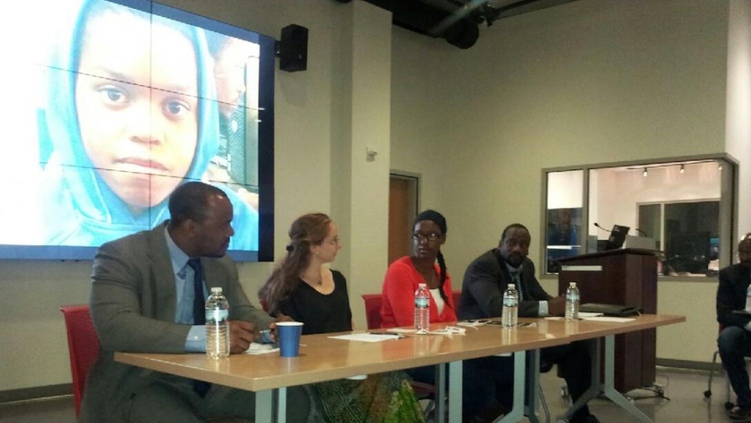 Photo Credit: Renee CuthbertPanelists discuss sports and high school academic success in the Media Innovation Lab on Tuesday. 