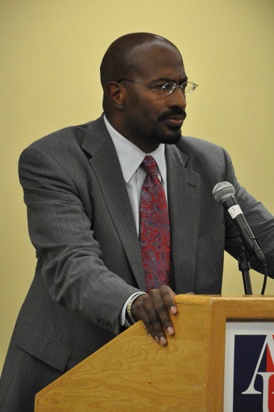 NOT EASY BEING GREEN - Environmental activist Van Jones speaks about his experiences in the green movement and with non-profits on Wednesday night in the Mary Graydon Center.