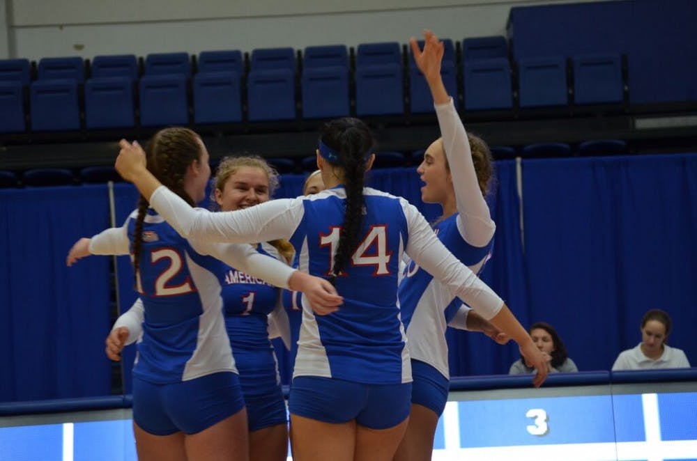 Photo Credit: Shelby Morgan/ THE EAGLE&nbsp;Senior outside hitter Kristyna Lindovska celebrates a point with her teammates in a game against the University of Maryland-Baltimore County on Sept. 19. Lindovska added nine kills against Navy on Tuesday night.&nbsp;