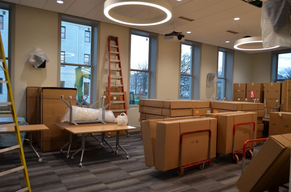	One of the bigger classrooms in the new School of Communication building, which has yet to be set up on Jan. 6. 