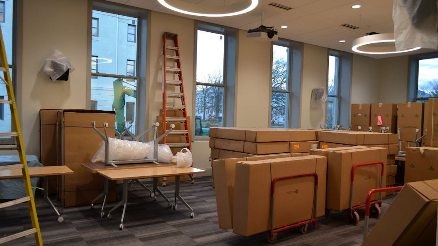 One of the bigger classrooms in the new School of Communication building, which has yet to be set up on Jan. 6.