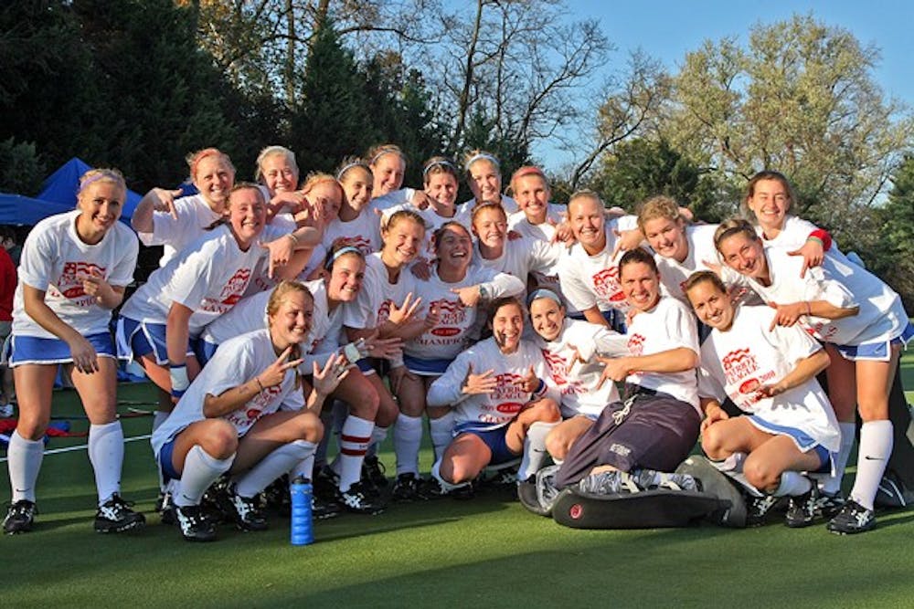 STICKING TOGETHER â€” The AU field hockey team celebrates after capturing another Patriot League championship. AU has followed up a successful regular season with a strong offseason. They  have seven recruits joining the team next year and had 17 athletes named to the NFHCA National Academic Squad.