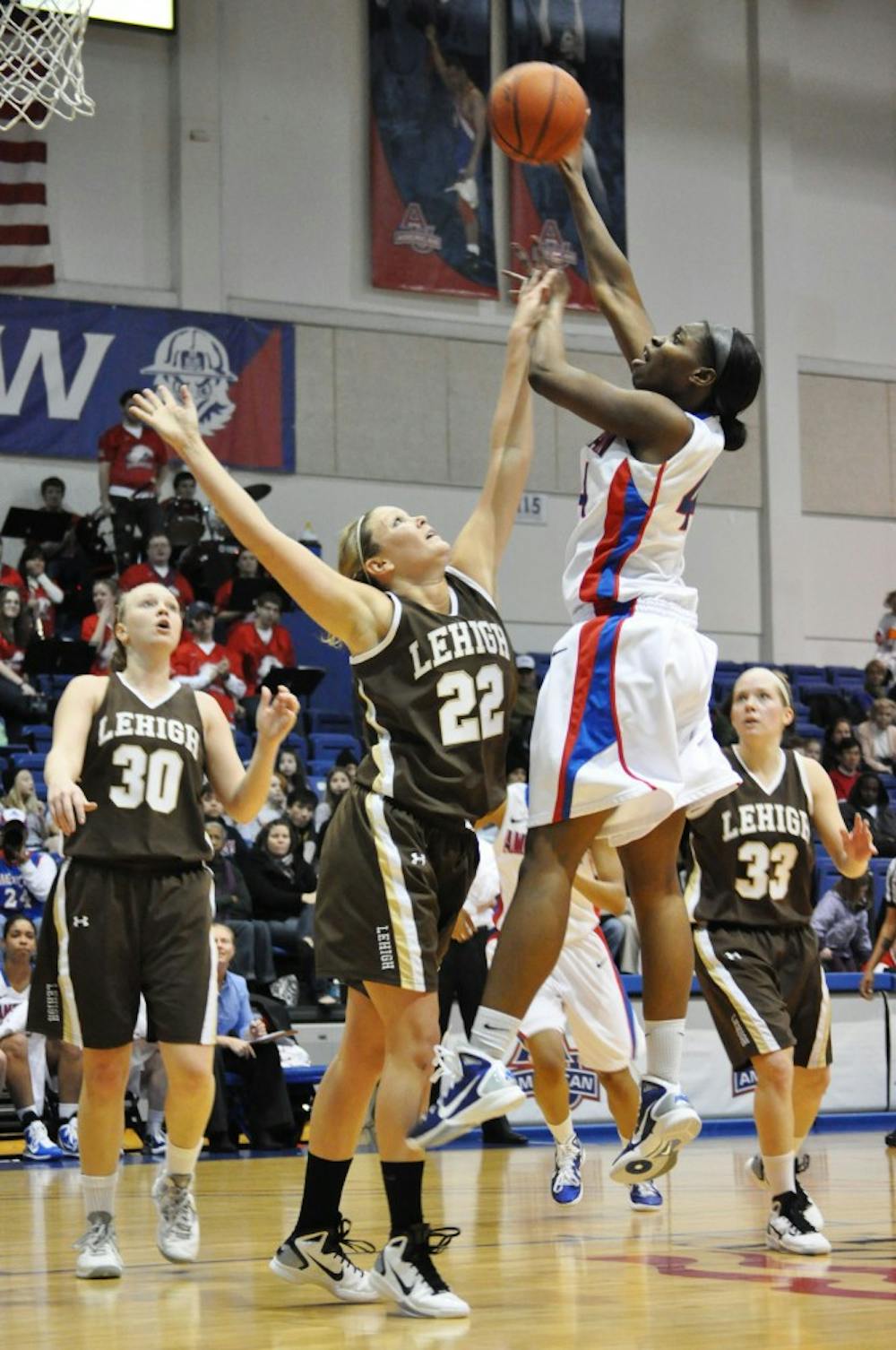 GOING UP STRONG â€” Sophomore center Stephanie Anya shoots over a defender in AUâ€™s 57-46 loss to Lehigh University. The Eaglesâ€™ next game is Wednesday night against Bucknell in Bender Arena.