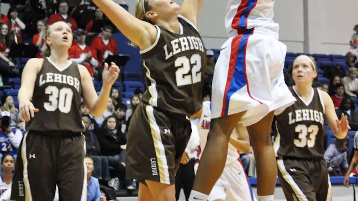 GOING UP STRONG — Sophomore center Stephanie Anya shoots over a defender in AU’s 57-46 loss to Lehigh University. The Eagles’ next game is Wednesday night against Bucknell in Bender Arena.