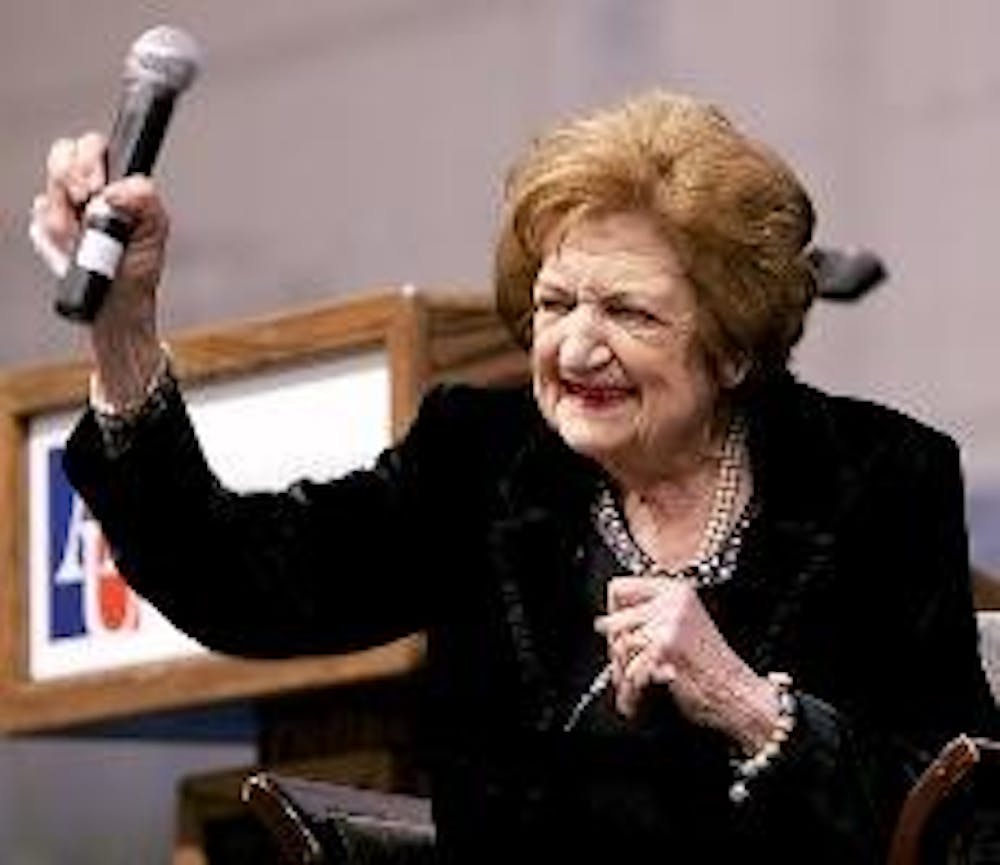 POLITICAL MIND-Helen Thomas speaks Saturday night in Bender Arena. David Gregory also appeared with Thomas. The event was sponsored by the Kennedy Political Union.