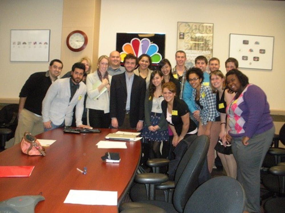 LIGHTS, CAMERA, ACTION â€” Professor Menke-Fishâ€™s TV Studio and Production class poses for a group picture at NBC Washingtonâ€™s headquarters after a meeting with NBC executives. The class pitched 19 pilot ideas for a Web series at the meeting. 