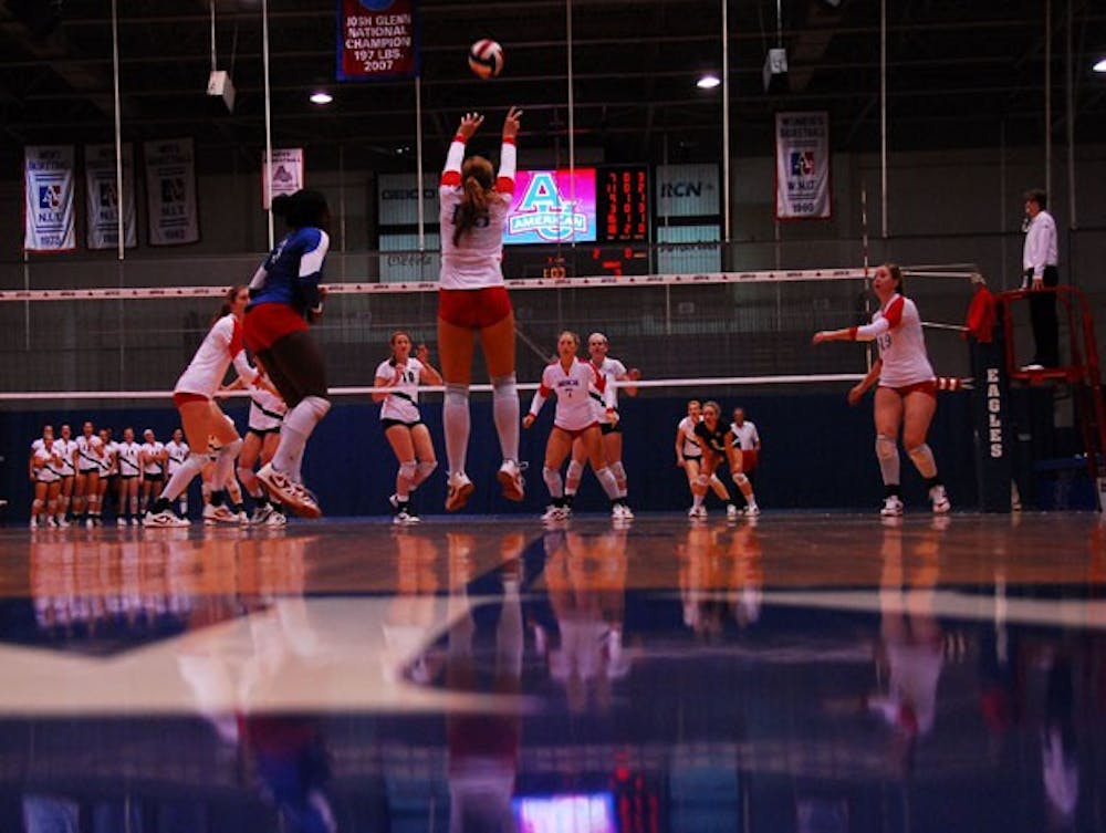 SETTING IT UP â€” Junior Deborah Frantz sets up for a spike in AUâ€™s 3-0 win over the Navy Midshipmen. The win is the fourth in a row for the Eagles. With the win, AU stays in the hunt for the Patriot League playoffs and their season may come down to their Nov. 6 match against the Army Black Knights.