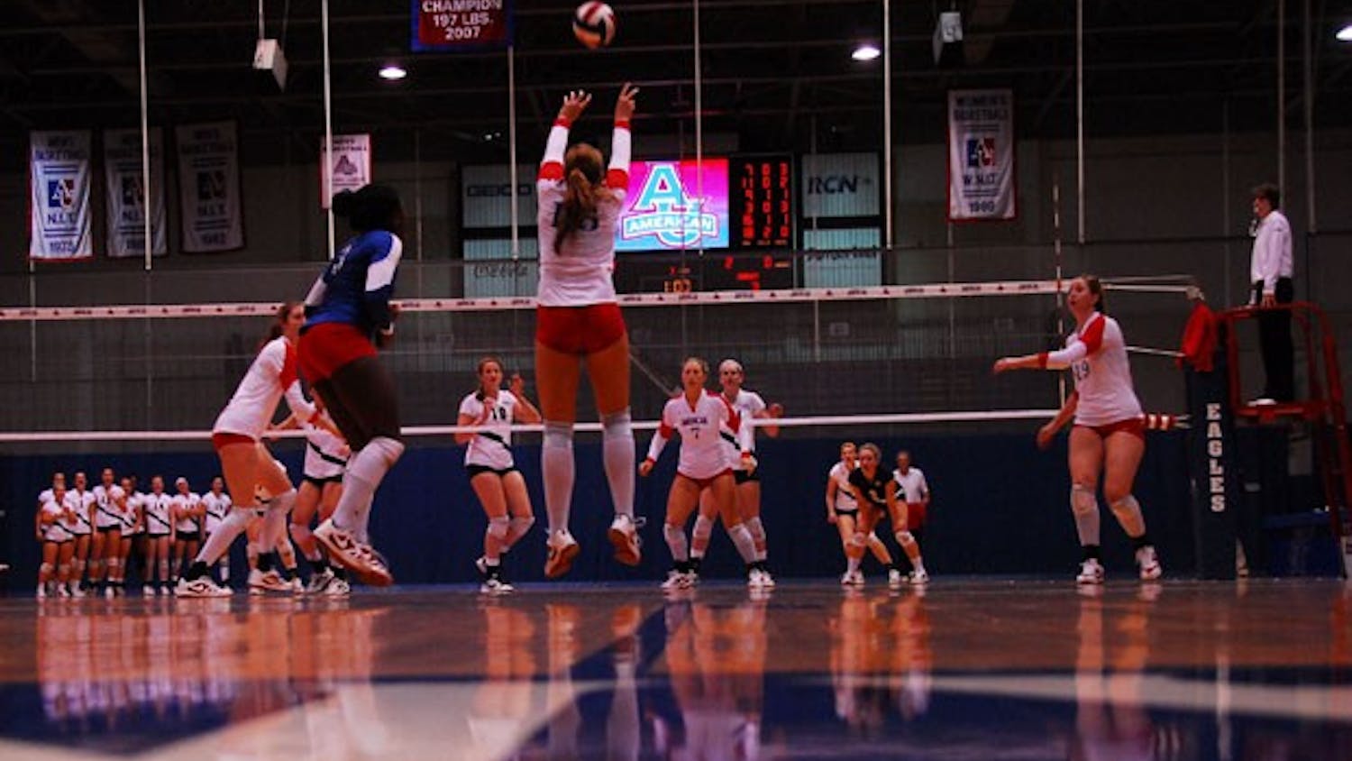 SETTING IT UP — Junior Deborah Frantz sets up for a spike in AU’s 3-0 win over the Navy Midshipmen. The win is the fourth in a row for the Eagles. With the win, AU stays in the hunt for the Patriot League playoffs and their season may come down to their Nov. 6 match against the Army Black Knights.