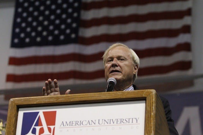 MSNBC\'s Chris Matthews speaks in Bender Arena Tuesday night.
