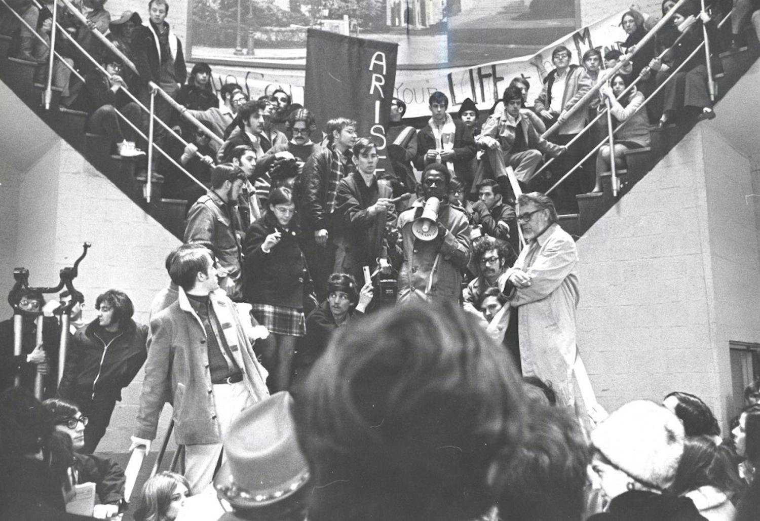 In 1969, students gathered at the McKinley building for an OASATAU rally following the University's prohibition of Dick Gregory, a black Civil Rights activist and presidential candidate, to hold an "inaugural" gala at AU.