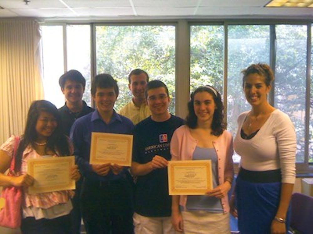 EAGLES AWARDED â€” The Eagle Endowment was awarded to the Latino Youth Conference, the AU Community Service Coalition and The Eagles for DC at an awards ceremony  Friday afternoon. From left to right, Althea Avice de Guzman, Nate Bronstein, Stephen Bronskill, Chris Golden, Rick Say, Shaini Cara and Sasha Bloch.
