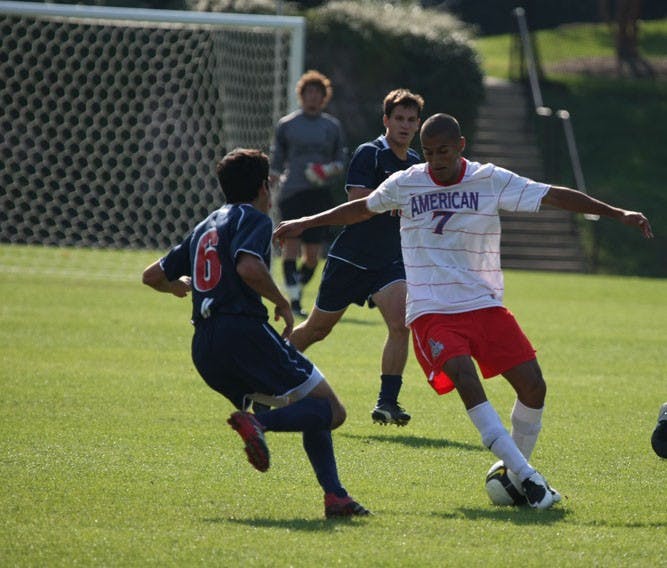 MAKING IT INTERESTING â€” Sophomore forward Jack Scott takes the ball up field on a fancy move in the teamâ€™s 2-1 win. It was the second straight double overtime game for the Eagles and again they pulled out a win. With the win, AU improves to 7-3-1 this season and are 3-0 in the Patriot League, good enough for first place.