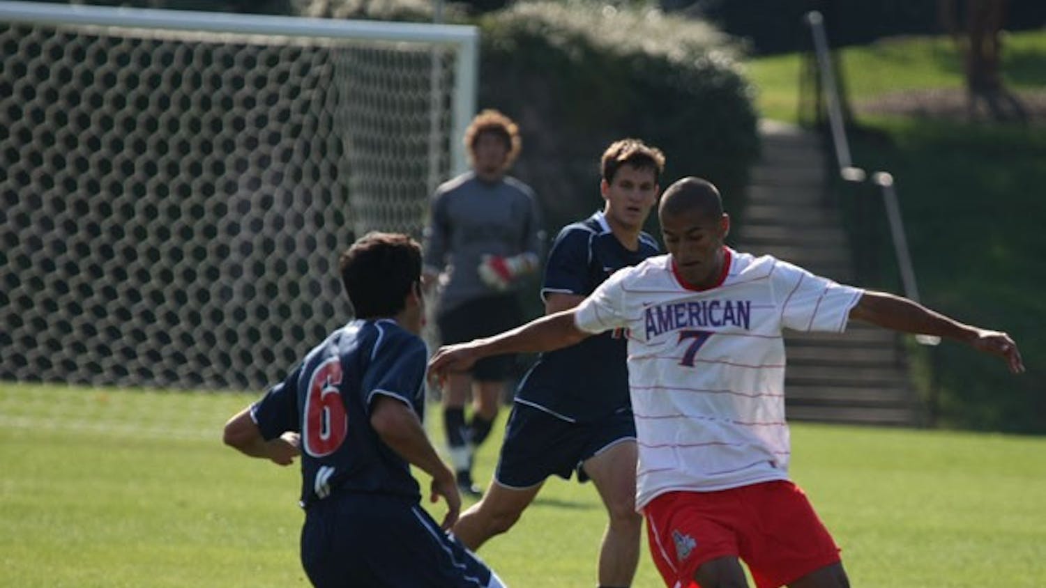 MAKING IT INTERESTING â€” Sophomore forward Jack Scott takes the ball up field on a fancy move in the teamâ€™s 2-1 win. It was the second straight double overtime game for the Eagles and again they pulled out a win. With the win, AU improves to 7-3-1 this season and are 3-0 in the Patriot League, good enough for first place.
