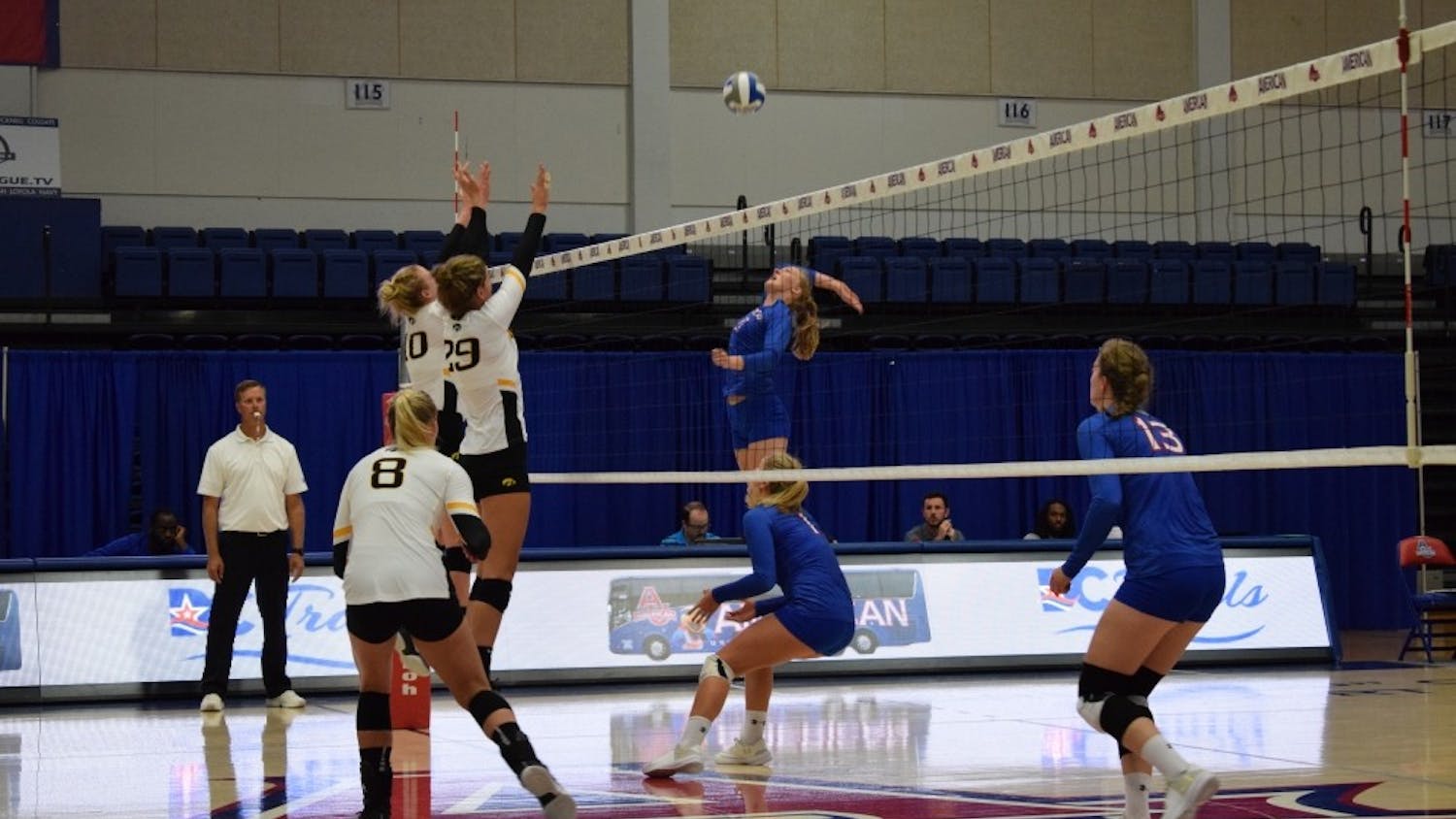 Sophomore outside hitter Shannon Webb goes up for a kill in the Eagles match against Iowa at the AU Volleyball Classic Sept. 16