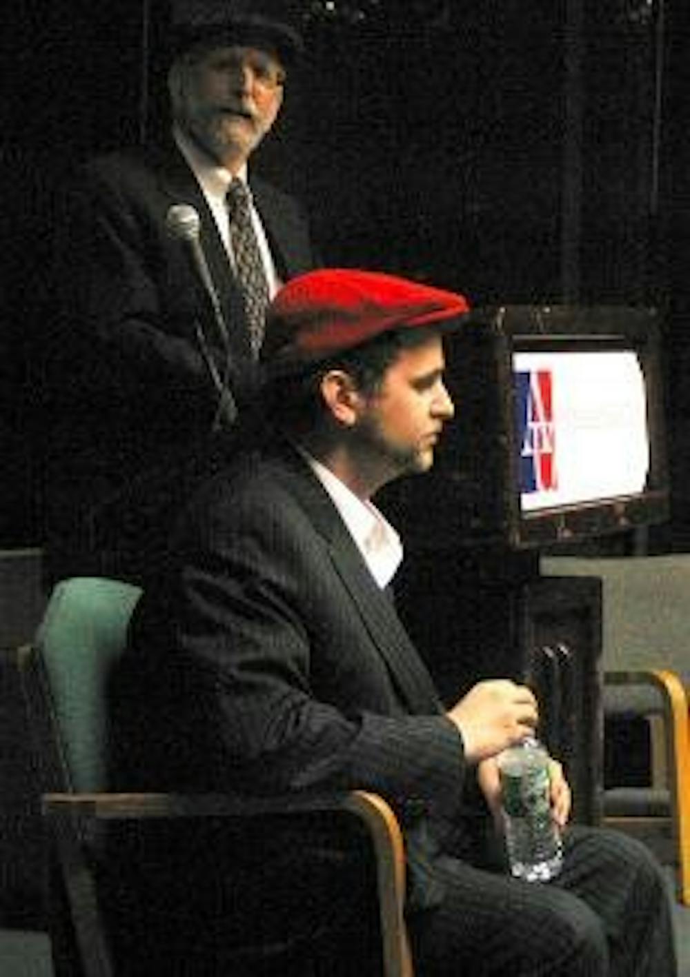 Maury Litwick, front, tours the country debating his father David, back.