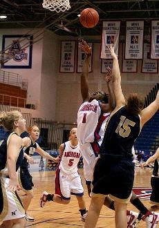 COMING UP EMPTY- Stephanie N'Garsanet and her Eagle teammates suffer a disappointing loss in the first round of the WNIT, losing by a single point to Villanova, 53-52. The defeat marks the end of the season. 
