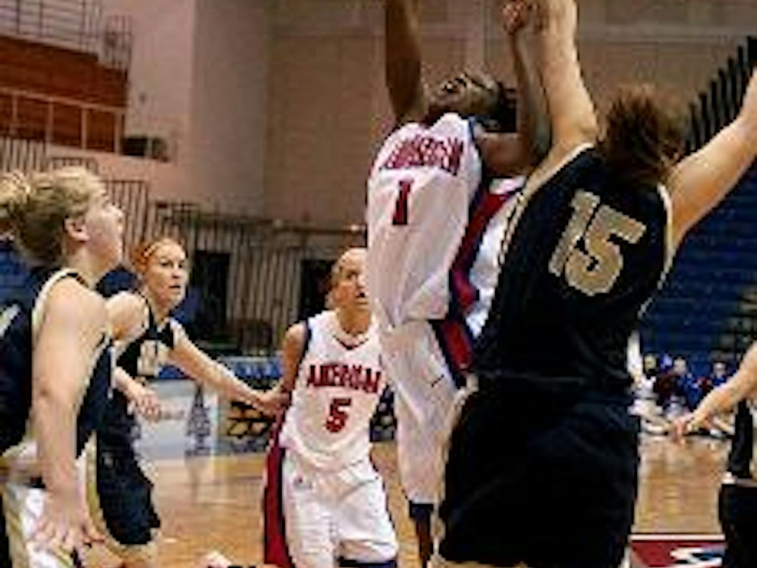 COMING UP EMPTY- Stephanie N'Garsanet and her Eagle teammates suffer a disappointing loss in the first round of the WNIT, losing by a single point to Villanova, 53-52. The defeat marks the end of the season.
