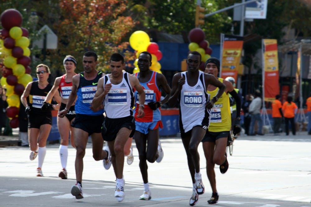 	Paul Tergat (third from right) competes in a race for Kenya.