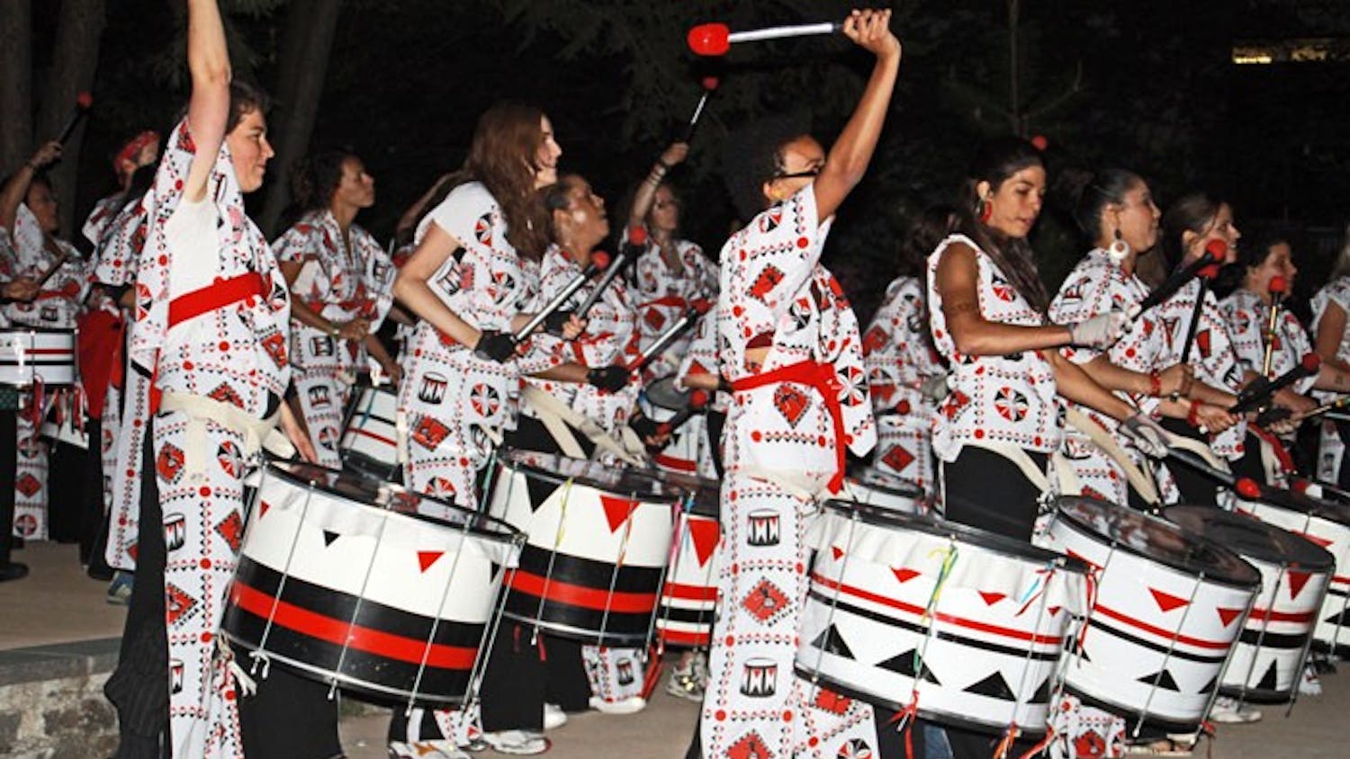 LISTEN UP — D.C. all-female percussion band Batala plays in the amphitheatre to kick off Take Back the Night, an annual event in which students and community members march around campus to oppose sexual violence.