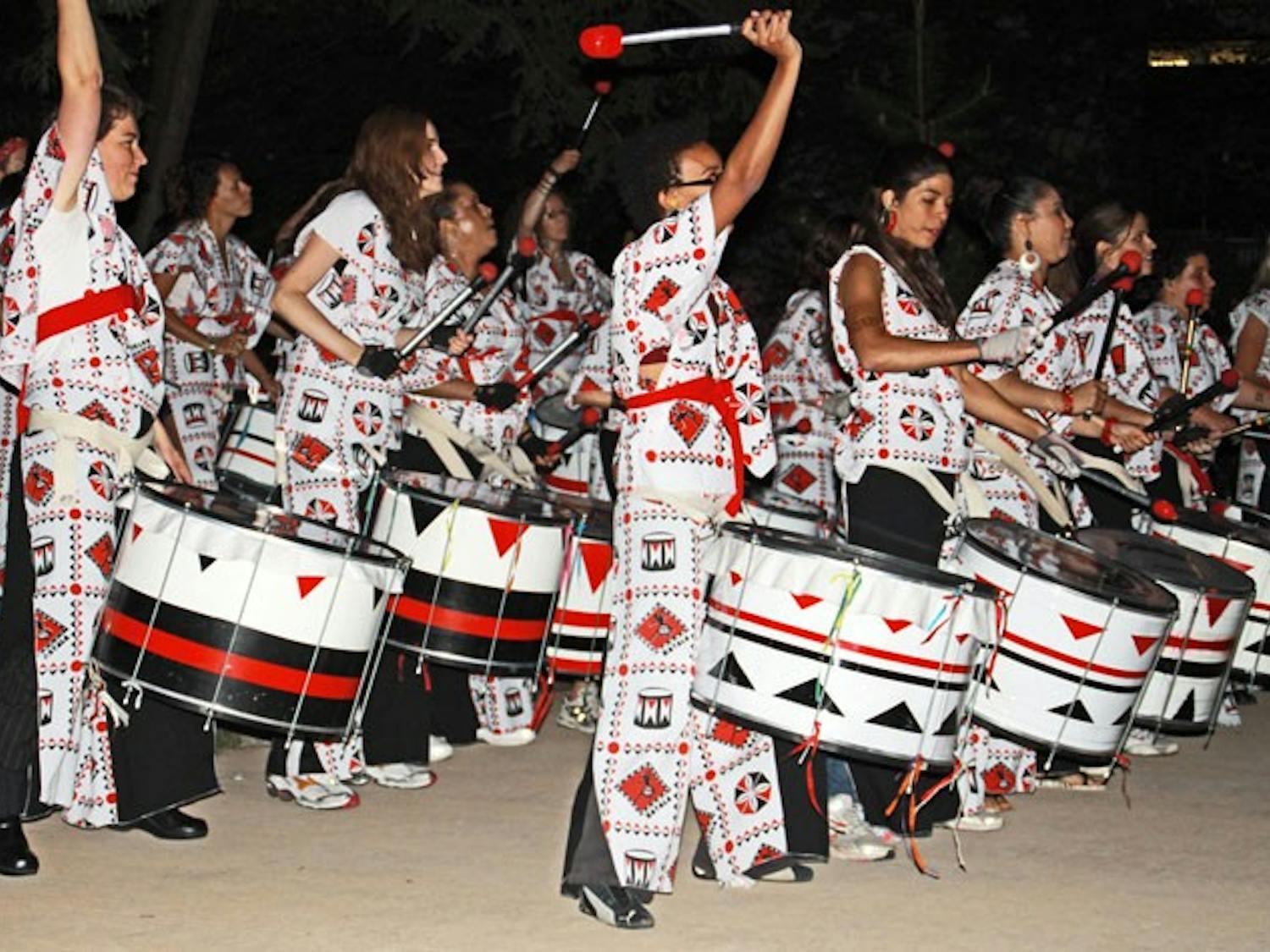 LISTEN UP — D.C. all-female percussion band Batala plays in the amphitheatre to kick off Take Back the Night, an annual event in which students and community members march around campus to oppose sexual violence.
