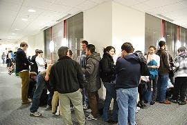WAITING IN LINE - Students line up for Founders' Day Ball tickets in MGC Jan. 28. Tickets sold out in less than two hours, and 174 requested tickets were waitlisted. A recent bill passed by the Undergraduate Senate encouraged the Office of the Vice Presid