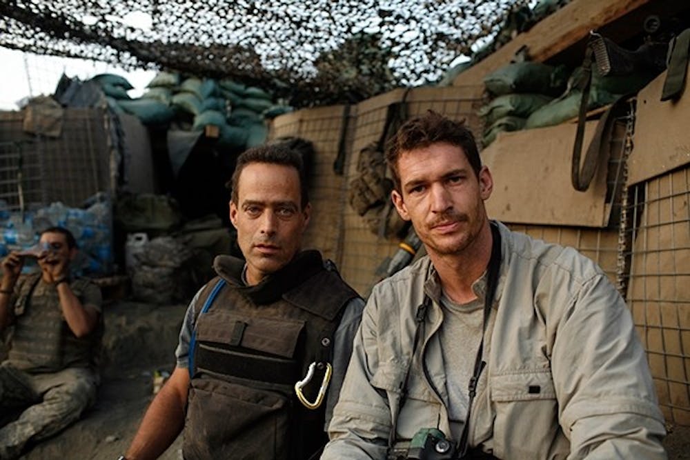 	Sebastian Junger (Left) and Tim Heatherington (Right) at Outpost Restrepo.