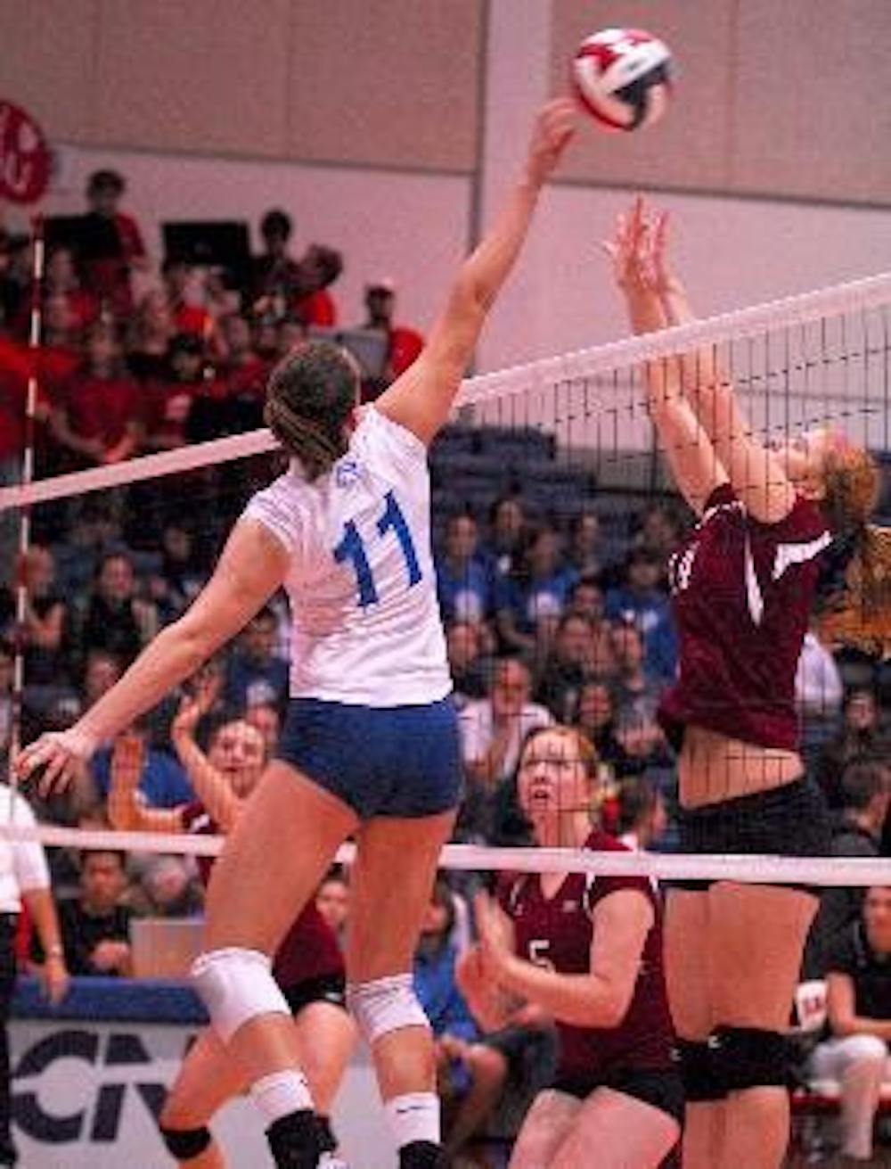 SPIKE - Sophomore outside hitter Katerina Cinkova records one of her kills in Friday's match against Colgate University. The Eagles won against both the Raiders and the Bucknell University Bison over the weekend, starting the Patriot League season with a 