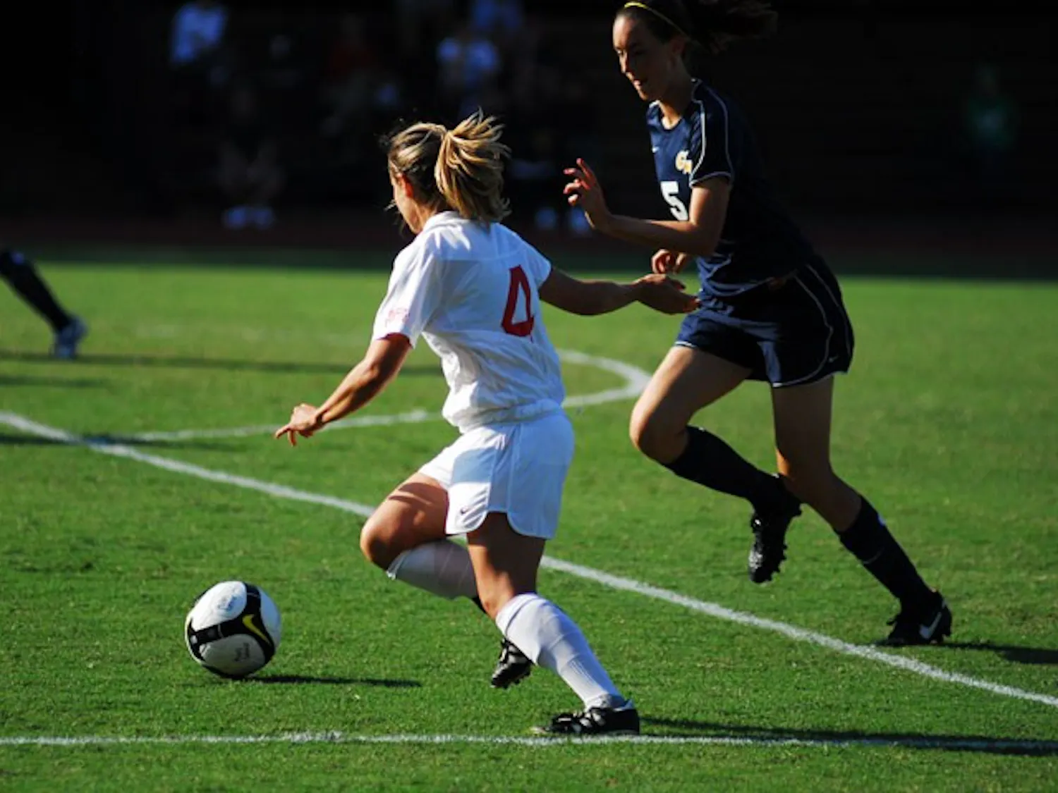 UP THE MIDDLE — AU junior Marissa Crollett takes the ball up the middle in a game against cross-town rival George Washington University. The Eagles dropped their final non-conference match 1-0 to the Princeton University Tigers. Princeton improved to a perfect 7-0 against AU all time.