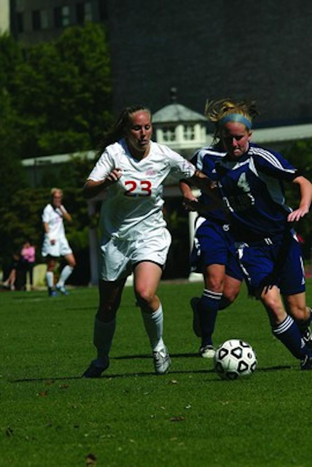 DRIBBLING THROUGH - Senior Krystn Hodge (above in action last season) recorded an assist on AU's only goal of the game to give the Eagles the early 1-0 lead.  AU would later fall to the Hoyas 2-1 in overtime.  