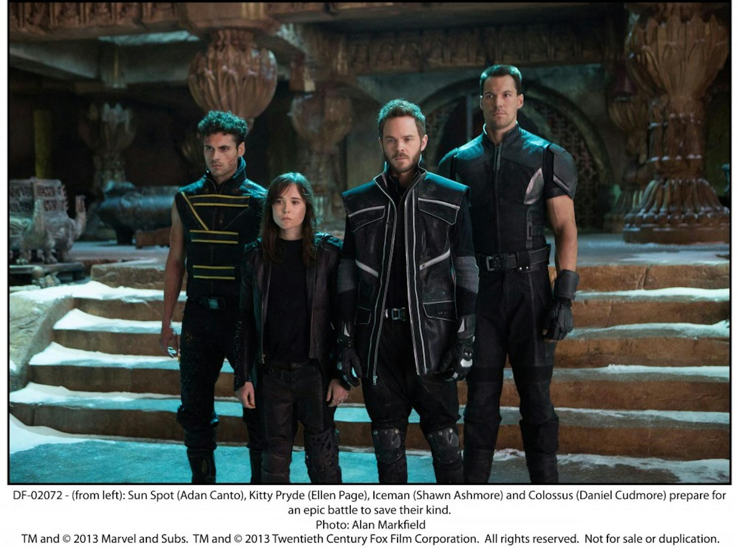DF-02072 - (from left): Sun Spot (Adan Canto), Kitty Pryde (Ellen Page), Iceman (Shawn Ashmore) and Colossus (Daniel Cudmore) prepare for an epic battle to save their kind.